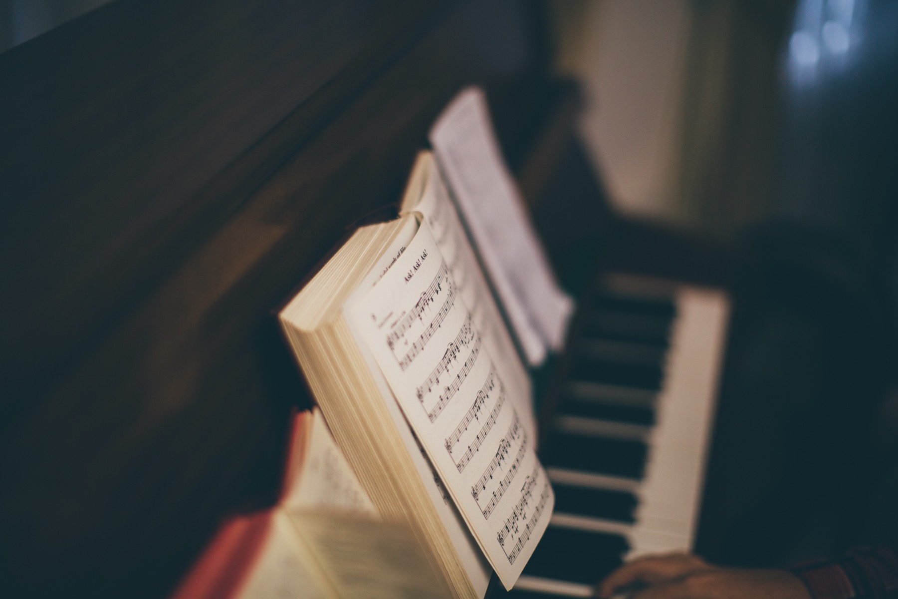 Vintage piano keys with sheet music resting above them