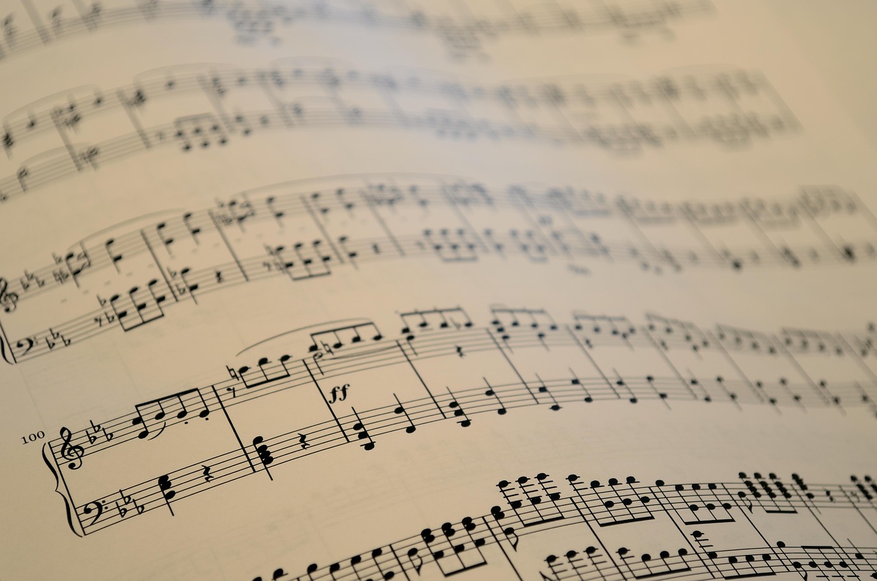 Close-up of softly blurred sheet music.